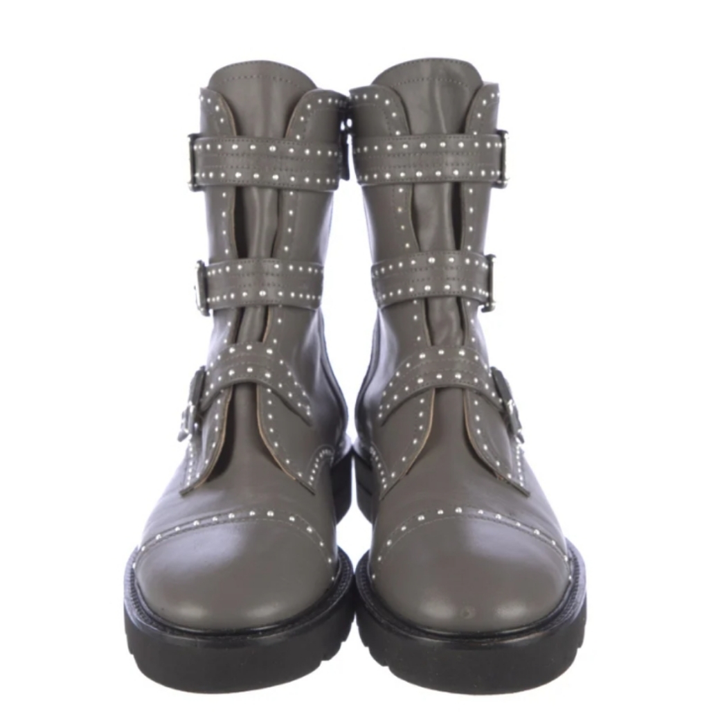 Stuart Weitzman Leather Studded Mid-Calf Grey Combat Boots Sz 10